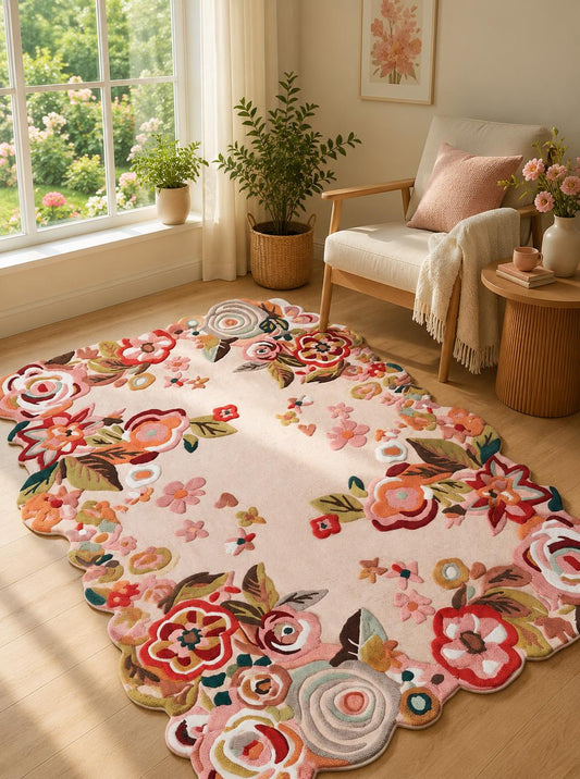 Hand Tufted Floral Area Rug, Botanical Wool Rug