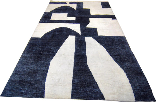 Hand Knoted Wool Rug, Modern Black Ivory