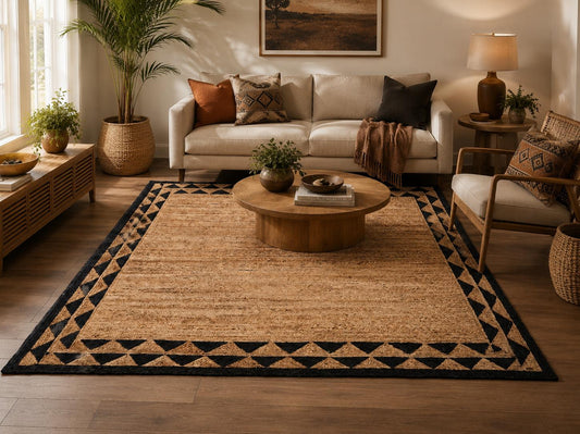 Scalloped Beige Black Hand Weave Jute Rug