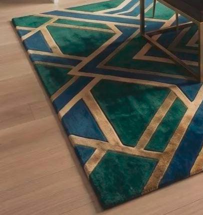 Luxury Emerald Blue Geometric Area Rug, Modern Hand Tufted Wool Carpet