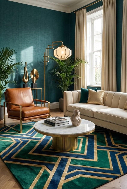 Luxury Emerald Blue Geometric Area Rug, Modern Hand Tufted Wool Carpet