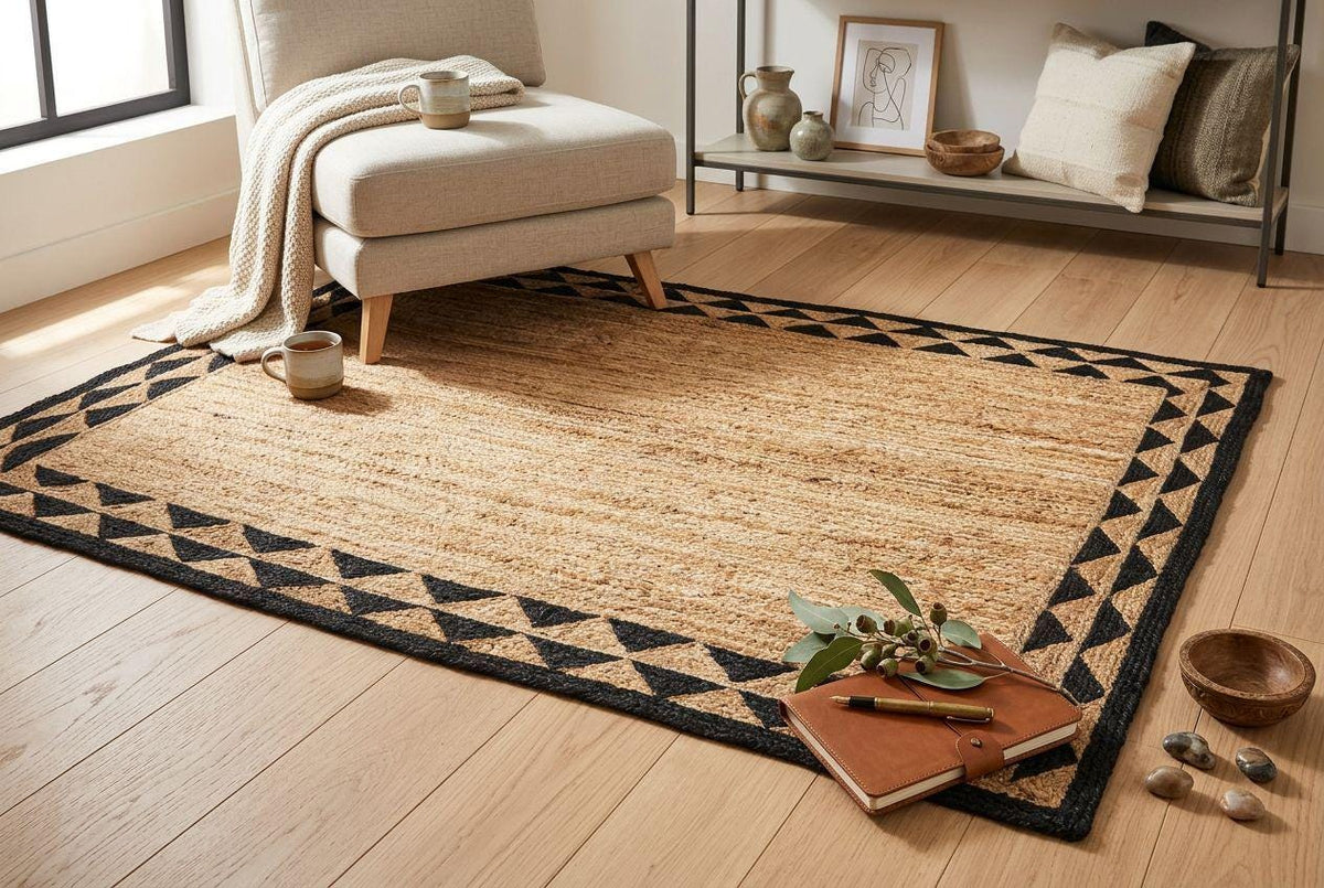 Scalloped Beige Black Hand Weave Jute Rug