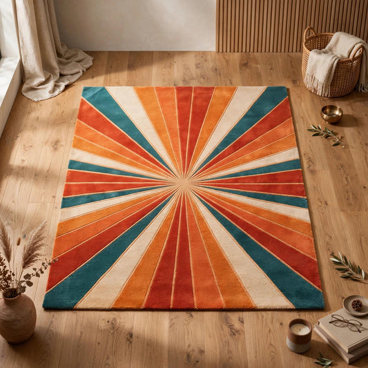 Retro Sunburst Area Rug, Hand Tufted Modern