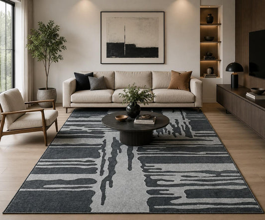 Modern Abstract Black Gray Area Rug, Contemporary Geometric Carpet