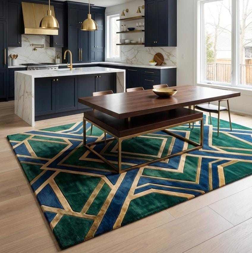 Luxury Emerald Blue Geometric Area Rug, Modern Hand Tufted Wool Carpet