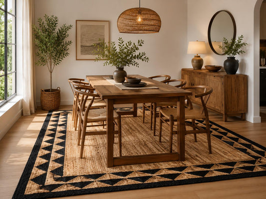 Scalloped Beige Black Hand Weave Jute Rug