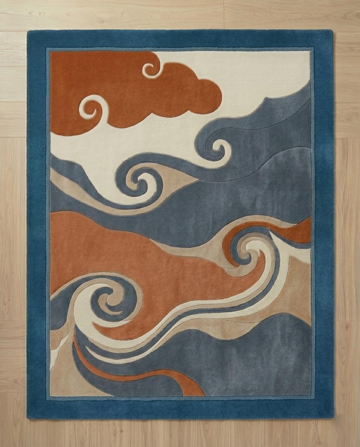 Hand-Carved Wool Rug, Teal Terracotta Marine Coral
