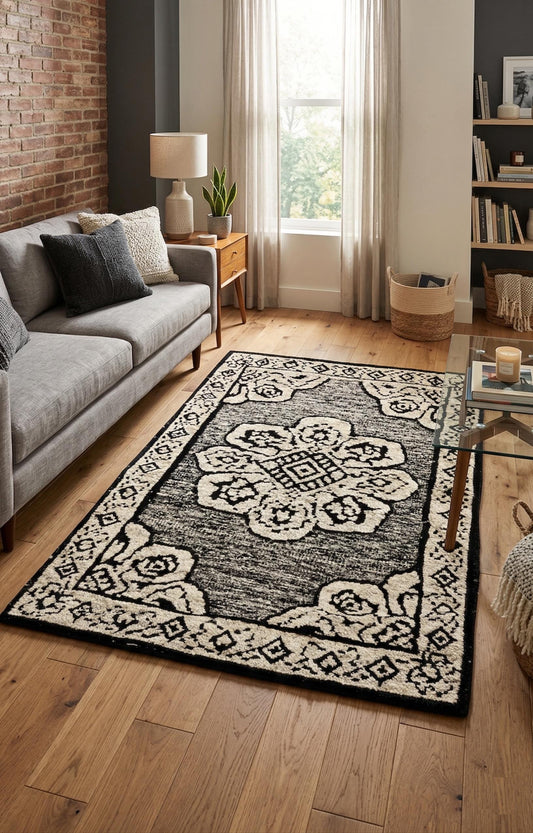 Black Ivory Floral Medallion Area Rug,
