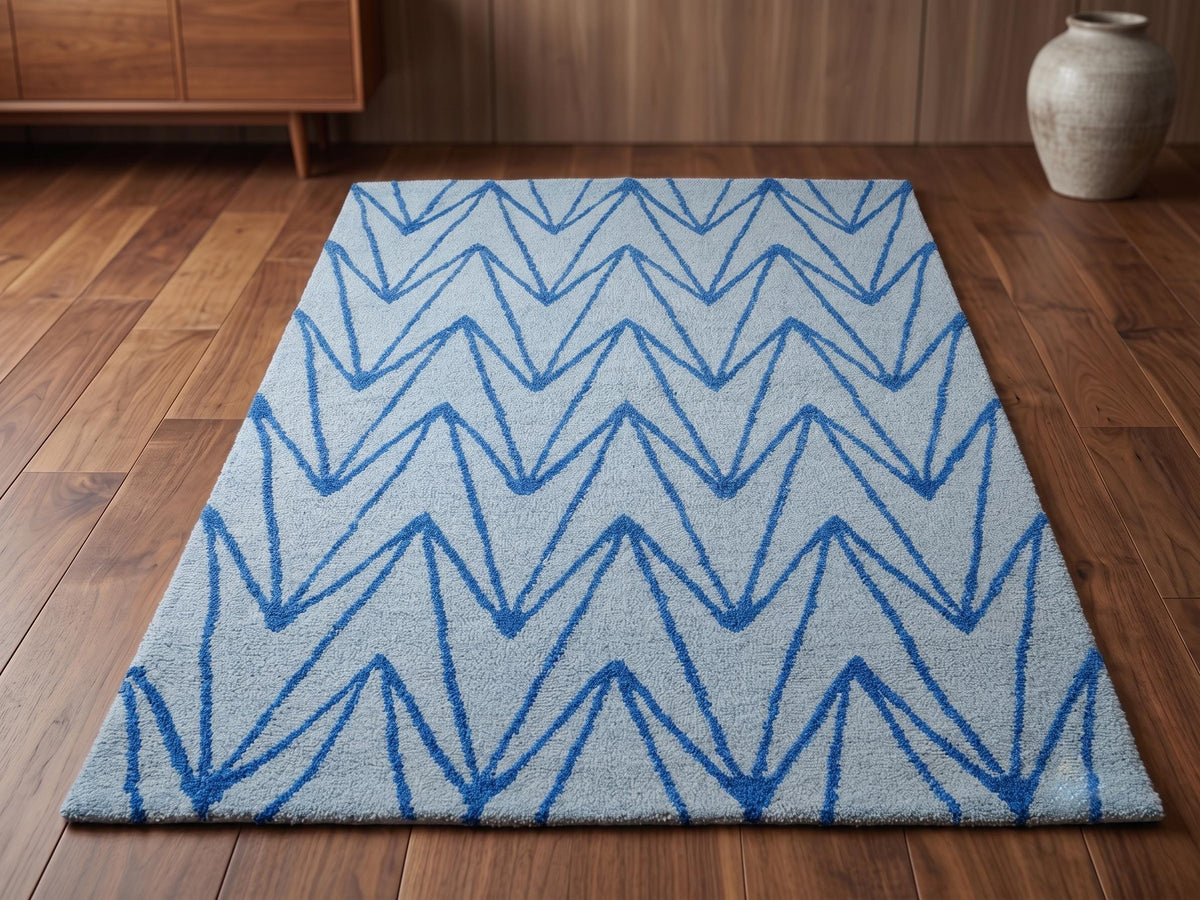 Modern Blue Zigzag Area Rug, Handtufted Geometric Rug