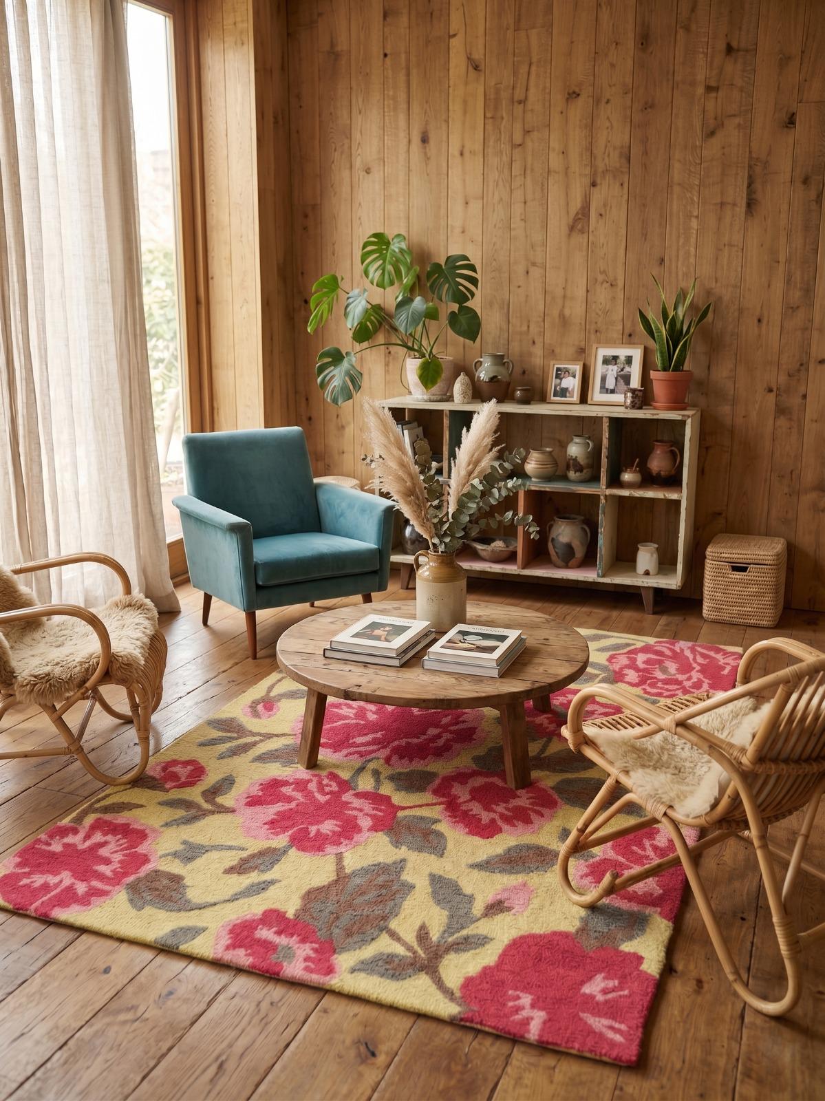 Hand Tufted Floral Wool Rug, Pink Red Botanical Area Carpet