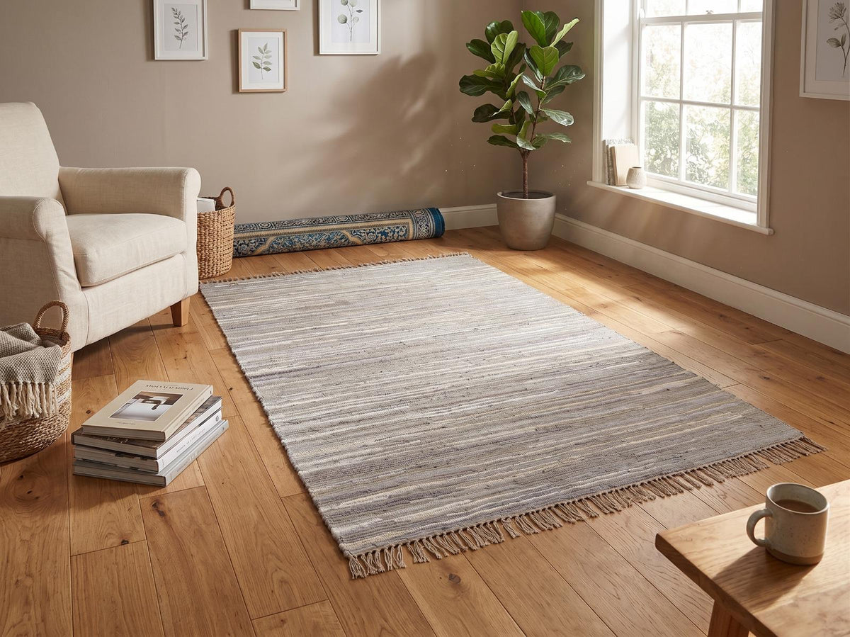 Handwoven Neutral Area Rug with Fringe