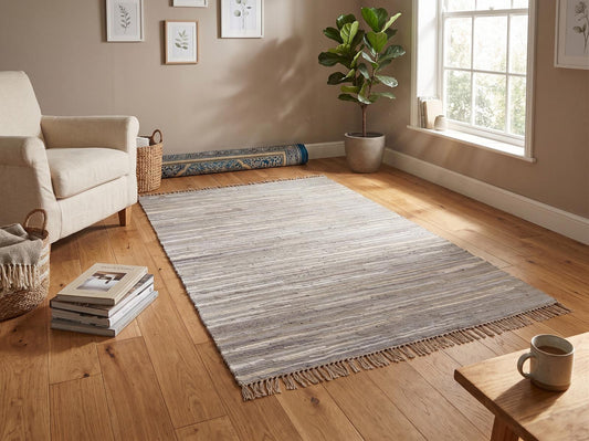 Handwoven Neutral Area Rug with Fringe