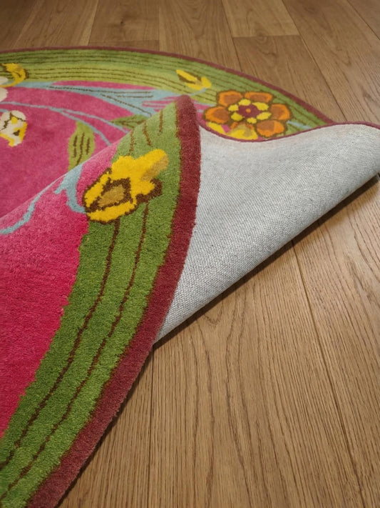 Pink Floral Round Rug Handwoven Botanical Area Rug