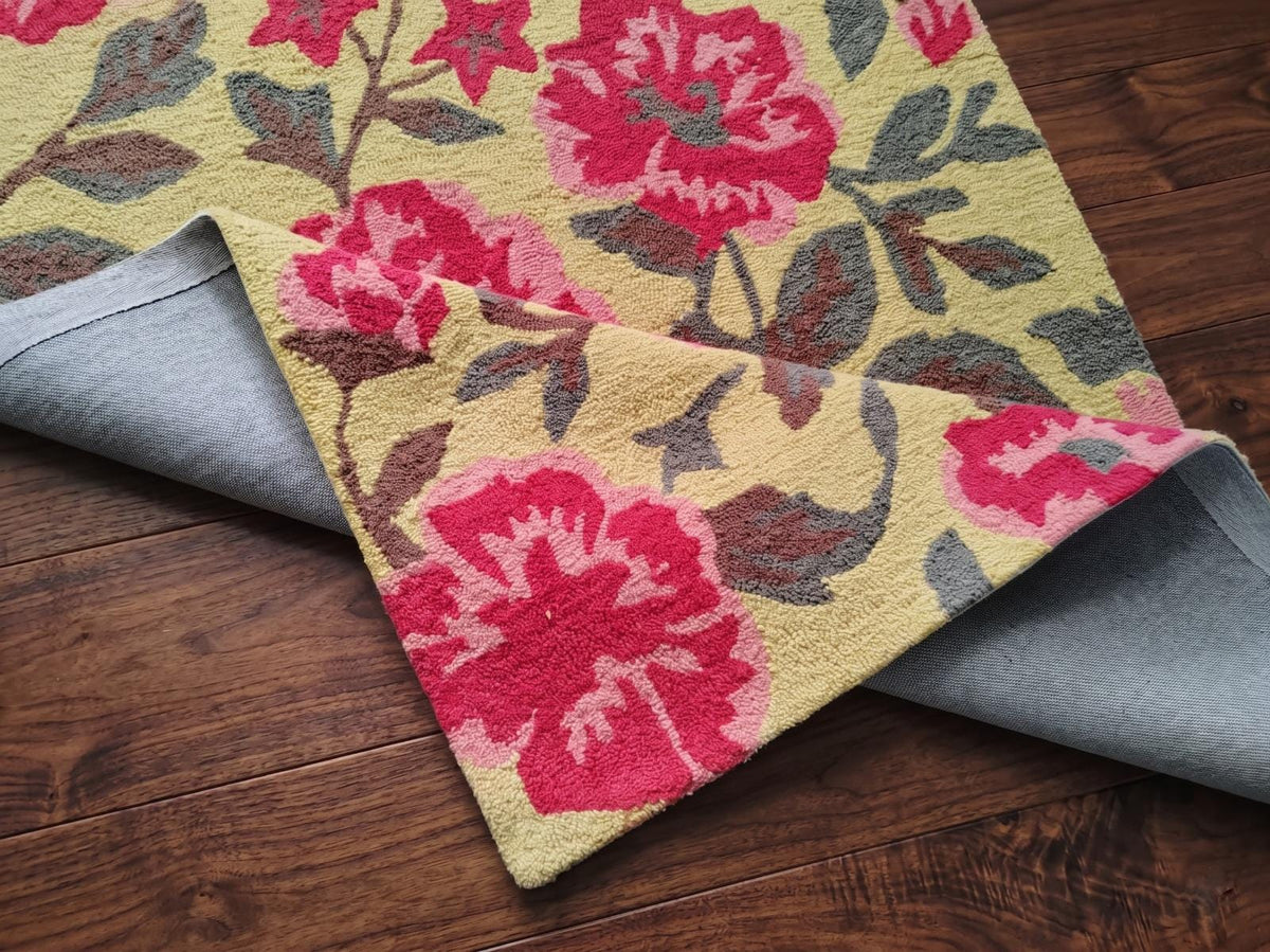 Hand Tufted Floral Wool Rug, Pink Red Botanical Area Carpet