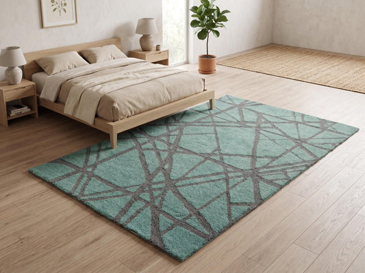 Modern Aqua Blue Area Rug, Abstract Geometric Carpet, Contemporary Bedroom Living Room Floor Decor Rug