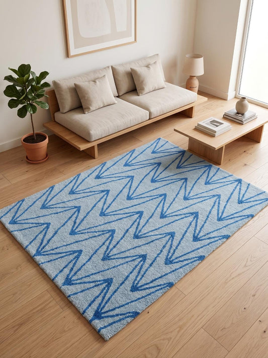 Modern Blue Zigzag Area Rug, Handtufted Geometric Rug