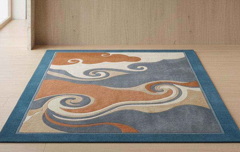 Hand-Carved Wool Rug, Teal Terracotta Marine Coral