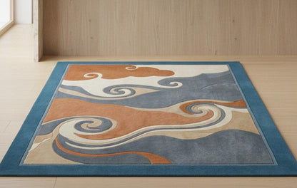Hand-Carved Wool Rug, Teal Terracotta Marine Coral