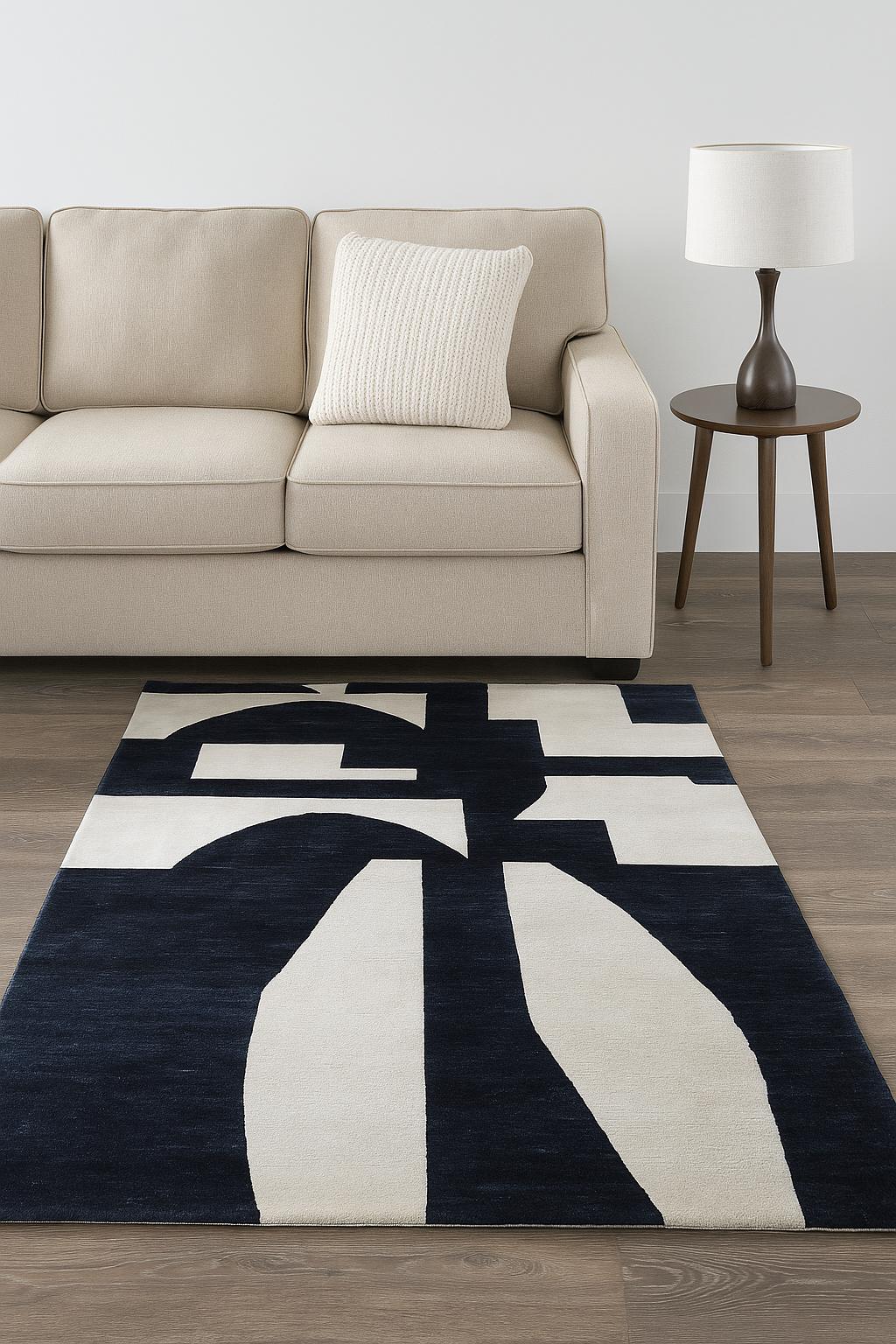 Hand Knoted Wool Rug, Modern Black Ivory