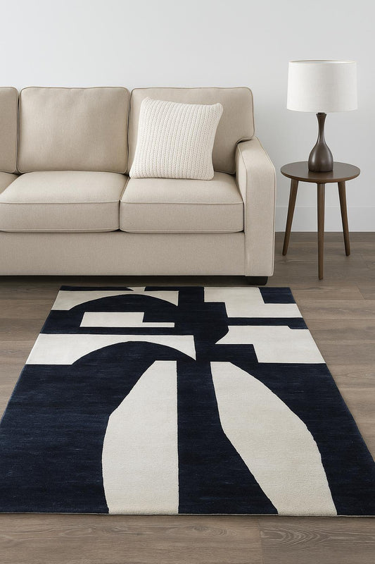 Hand Knoted Wool Rug, Modern Black Ivory