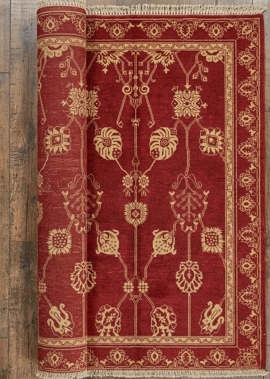 Handknotted Red Floral Area Rug, Traditional Ivory Pattern Carpet