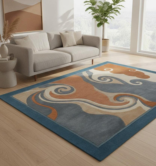 Hand-Carved Wool Rug, Teal Terracotta Marine Coral