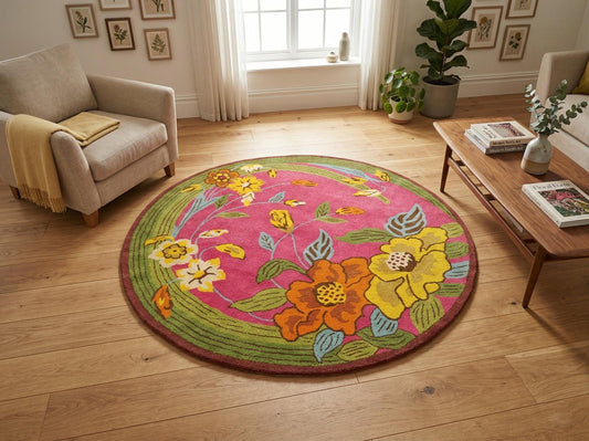 Pink Floral Round Rug Handwoven Botanical Area Rug