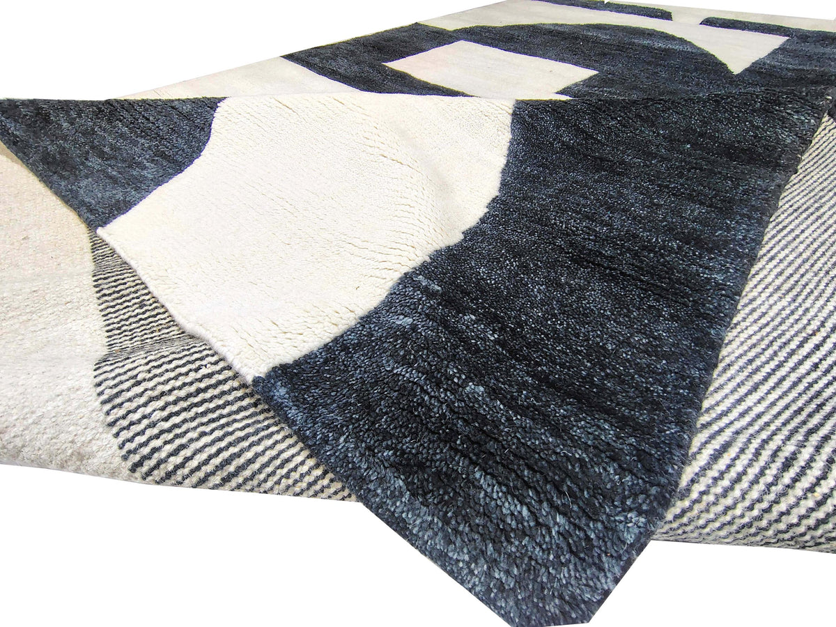 Hand Knoted Wool Rug, Modern Black Ivory