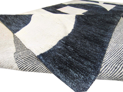 Hand Knoted Wool Rug, Modern Black Ivory