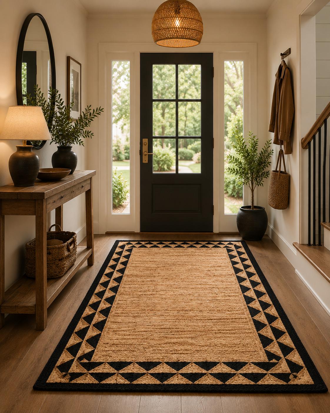 Scalloped Beige Black Hand Weave Jute Rug