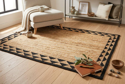 Scalloped Beige Black Hand Weave Jute Rug