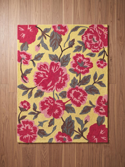 Hand Tufted Floral Wool Rug, Pink Red Botanical Area Carpet