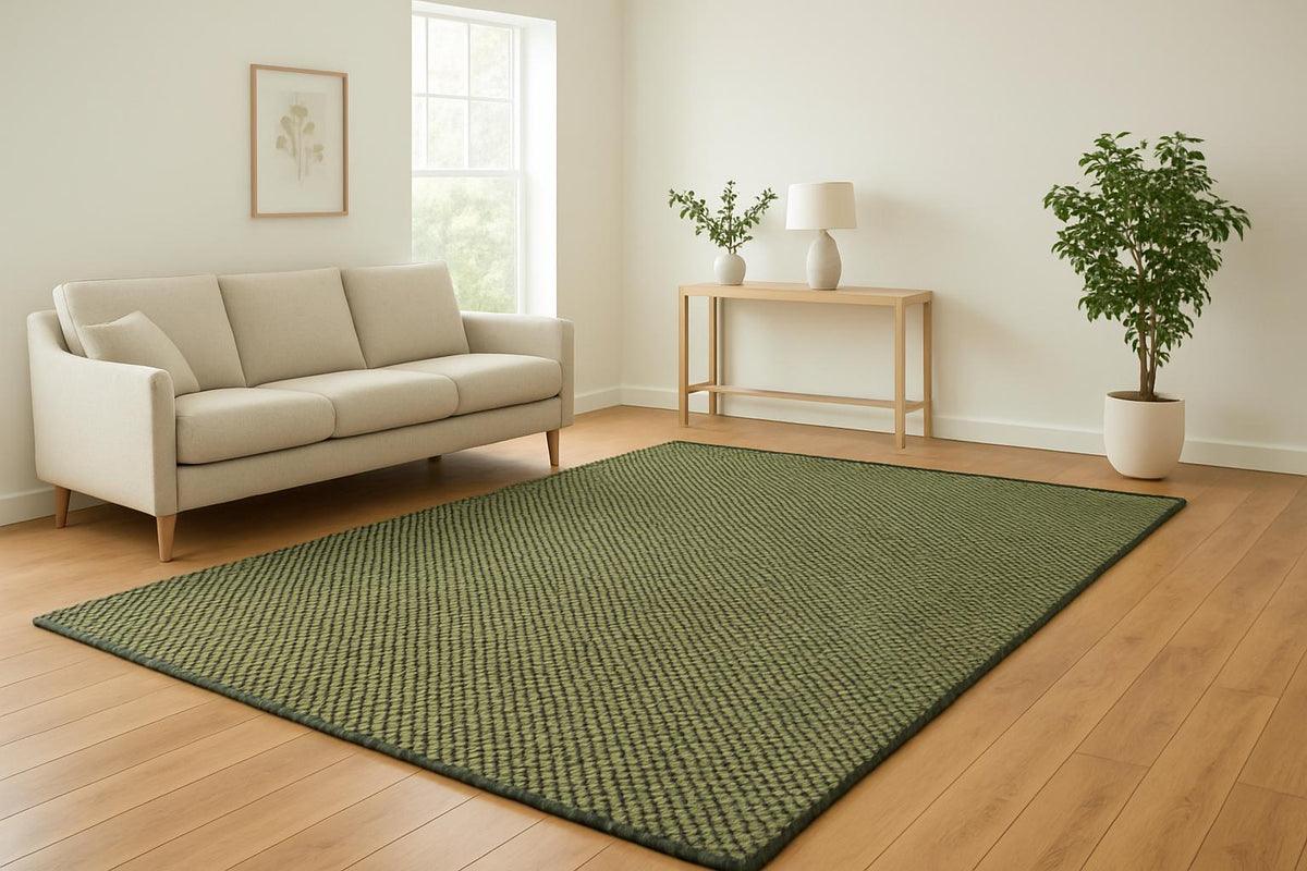 Hand-Knoted Green Wool Area Rug, Modern Textured