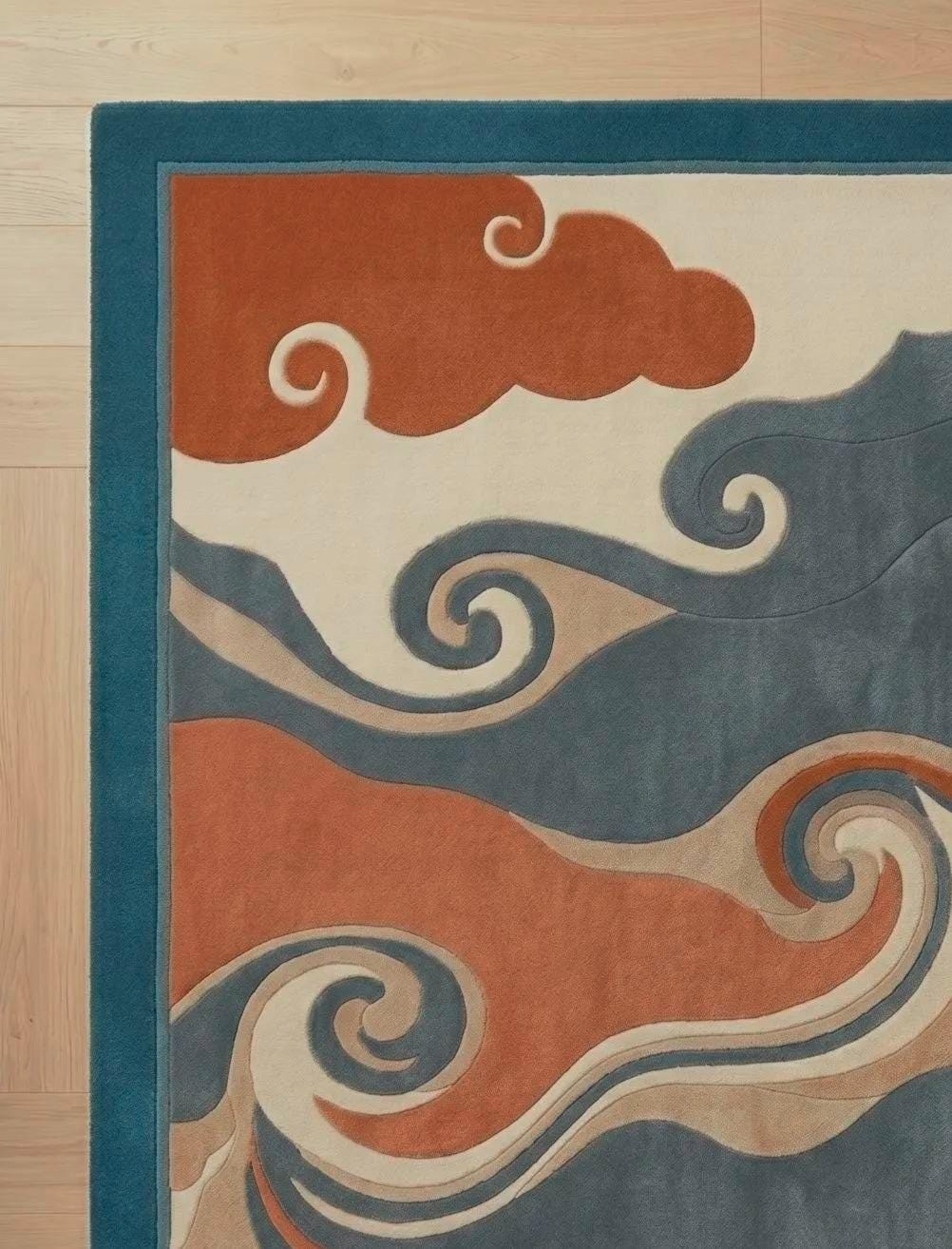 Hand-Carved Wool Rug, Teal Terracotta Marine Coral