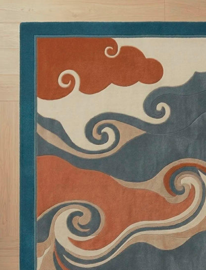 Hand-Carved Wool Rug, Teal Terracotta Marine Coral
