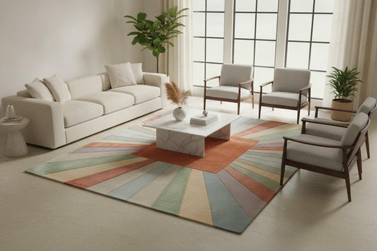 Modern Geometric Sunburst Area Rug, Hand Tufted Wool Carpet