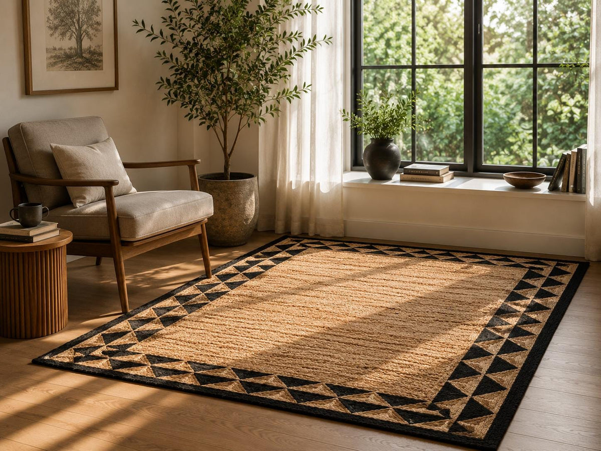 Scalloped Beige Black Hand Weave Jute Rug