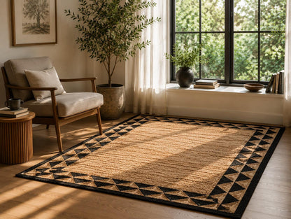 Scalloped Beige Black Hand Weave Jute Rug