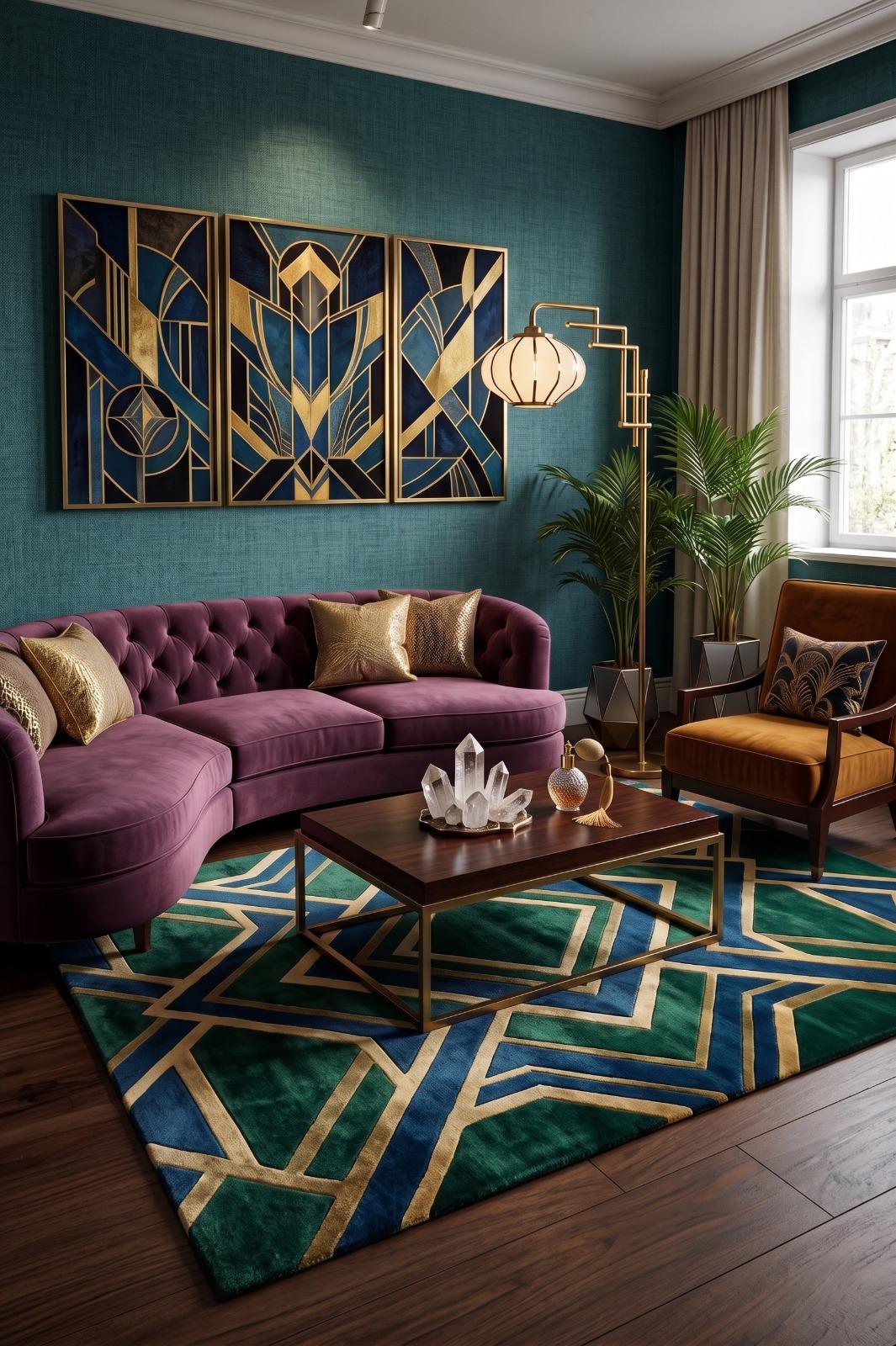 Luxury Emerald Blue Geometric Area Rug, Modern Hand Tufted Wool Carpet