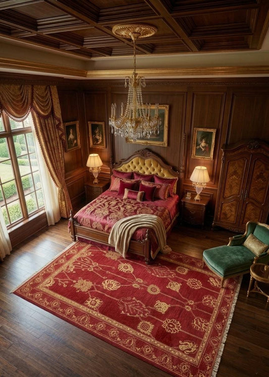 Handknotted Red Floral Area Rug, Traditional Ivory Pattern Carpet