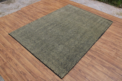 Hand-Knoted Green Wool Area Rug, Modern Textured
