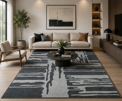 Modern Abstract Black Gray Area Rug, Contemporary Geometric Carpet