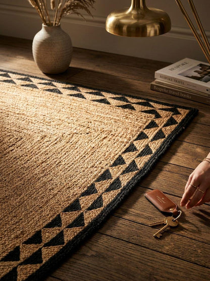 Scalloped Beige Black Hand Weave Jute Rug