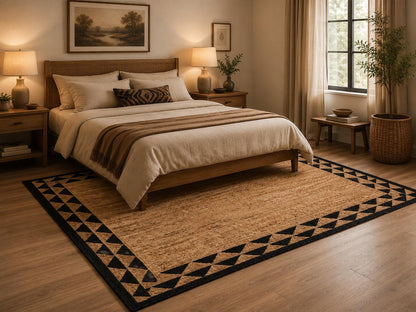 Scalloped Beige Black Hand Weave Jute Rug