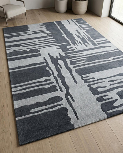 Modern Abstract Black Gray Area Rug, Contemporary Geometric Carpet