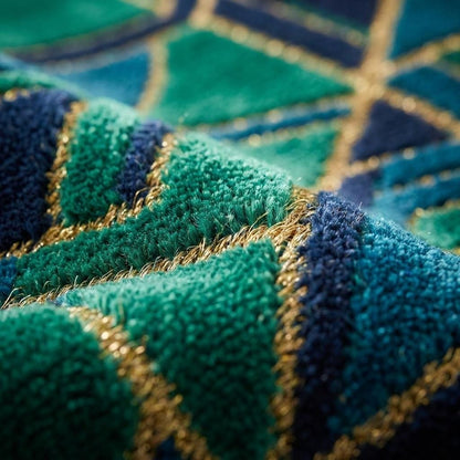 Luxury Emerald Blue Geometric Area Rug, Modern Hand Tufted Wool Carpet