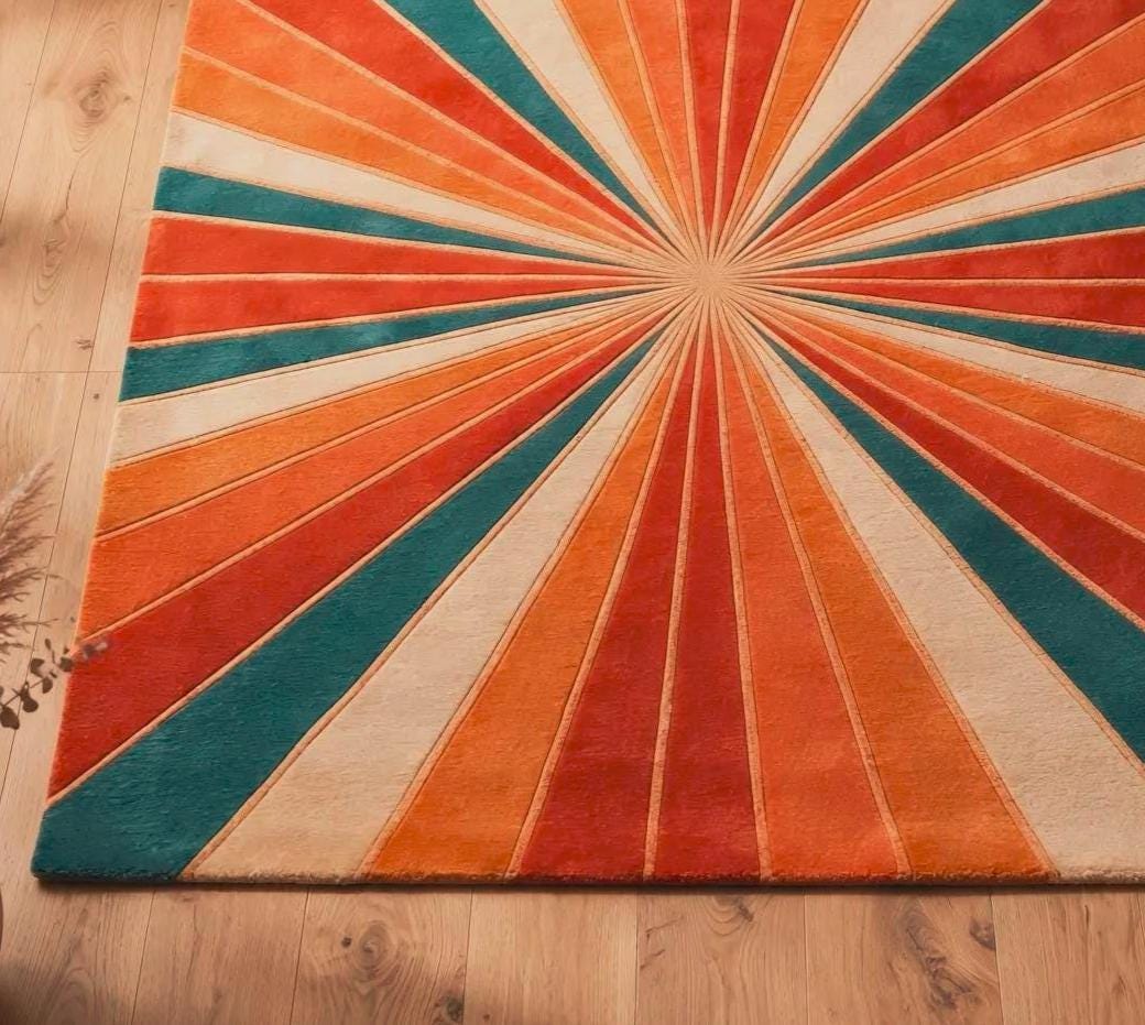 Retro Sunburst Area Rug, Hand Tufted Modern